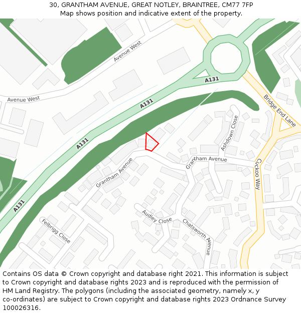 30, GRANTHAM AVENUE, GREAT NOTLEY, BRAINTREE, CM77 7FP: Location map and indicative extent of plot