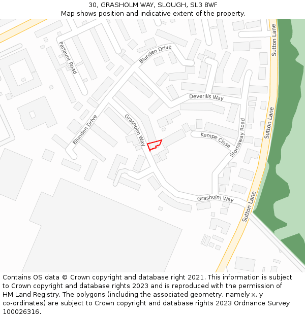 30, GRASHOLM WAY, SLOUGH, SL3 8WF: Location map and indicative extent of plot