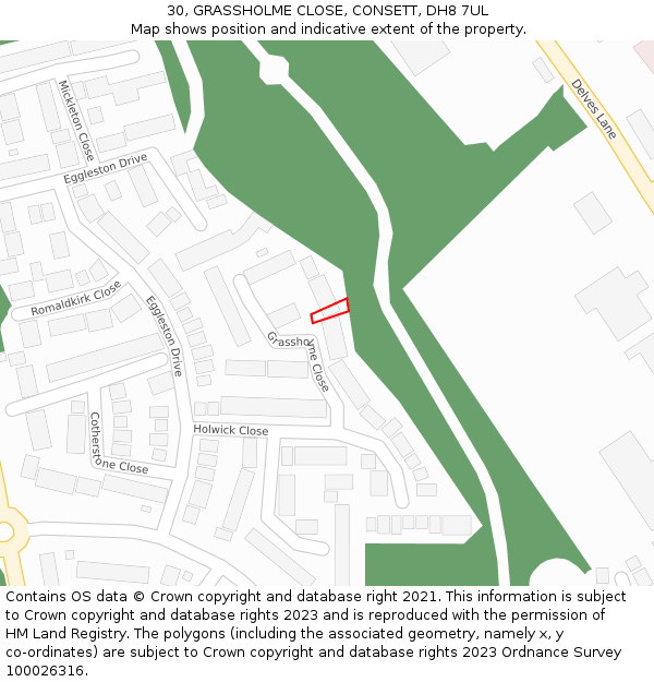 30, GRASSHOLME CLOSE, CONSETT, DH8 7UL: Location map and indicative extent of plot