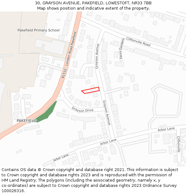 30, GRAYSON AVENUE, PAKEFIELD, LOWESTOFT, NR33 7BB: Location map and indicative extent of plot