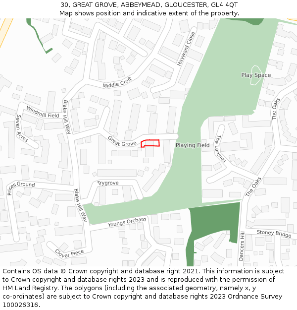 30, GREAT GROVE, ABBEYMEAD, GLOUCESTER, GL4 4QT: Location map and indicative extent of plot