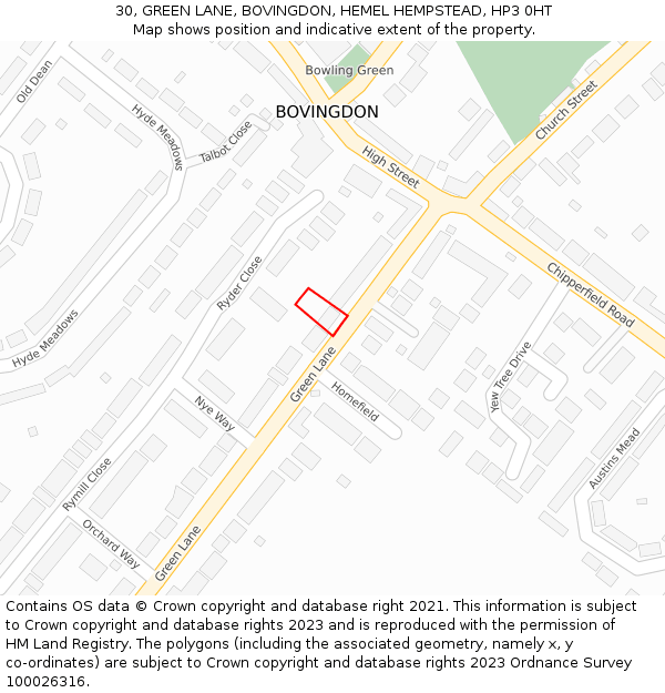 30, GREEN LANE, BOVINGDON, HEMEL HEMPSTEAD, HP3 0HT: Location map and indicative extent of plot