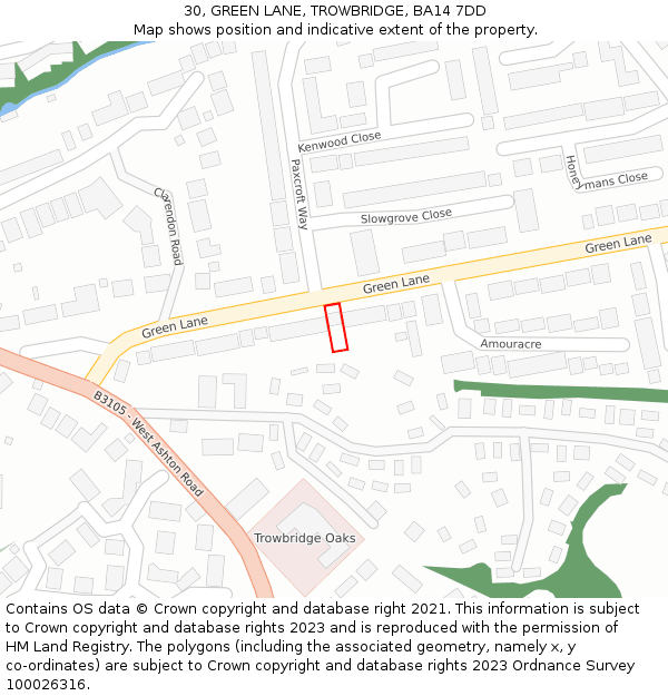 30, GREEN LANE, TROWBRIDGE, BA14 7DD: Location map and indicative extent of plot