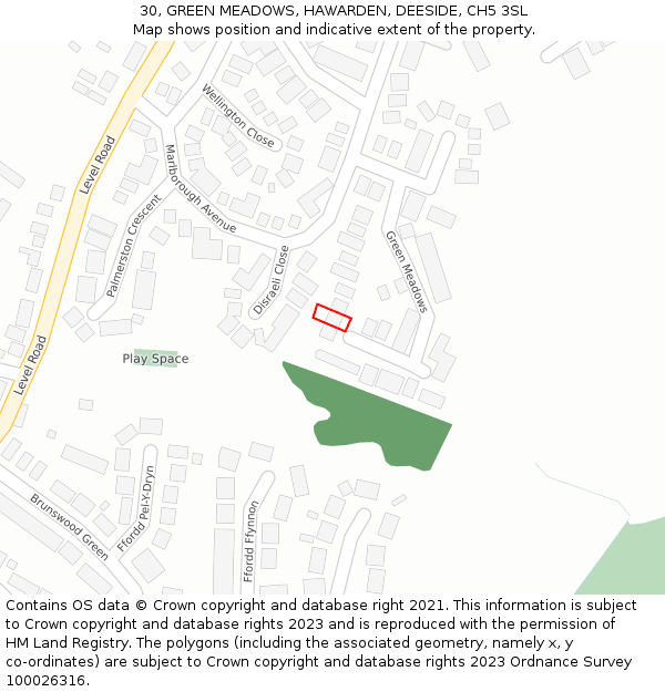 30, GREEN MEADOWS, HAWARDEN, DEESIDE, CH5 3SL: Location map and indicative extent of plot