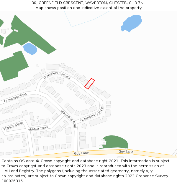 30, GREENFIELD CRESCENT, WAVERTON, CHESTER, CH3 7NH: Location map and indicative extent of plot