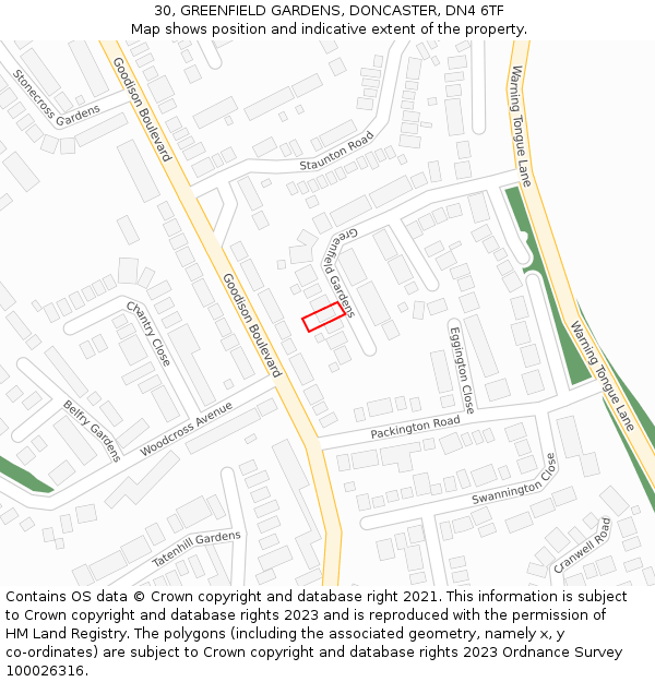 30, GREENFIELD GARDENS, DONCASTER, DN4 6TF: Location map and indicative extent of plot