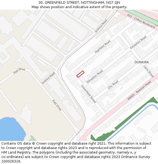 30, GREENFIELD STREET, NOTTINGHAM, NG7 2JN: Location map and indicative extent of plot