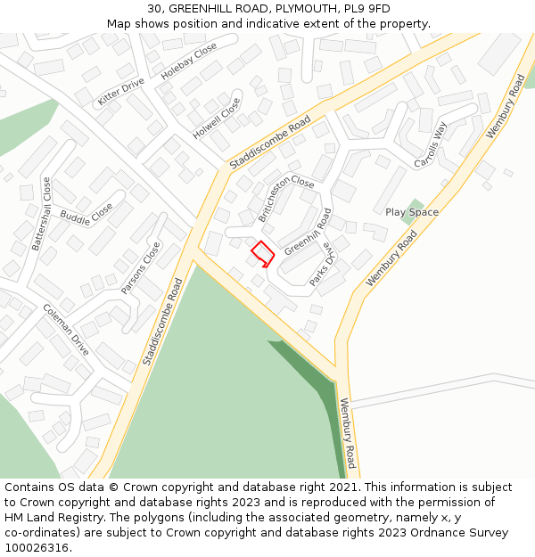30, GREENHILL ROAD, PLYMOUTH, PL9 9FD: Location map and indicative extent of plot