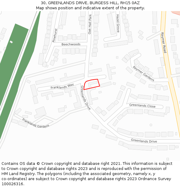 30, GREENLANDS DRIVE, BURGESS HILL, RH15 0AZ: Location map and indicative extent of plot