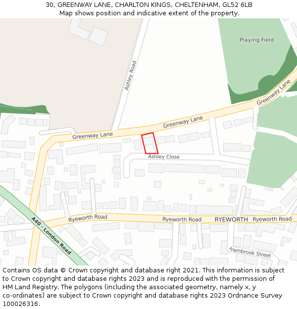 30, GREENWAY LANE, CHARLTON KINGS, CHELTENHAM, GL52 6LB: Location map and indicative extent of plot