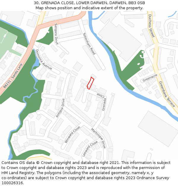 30, GRENADA CLOSE, LOWER DARWEN, DARWEN, BB3 0SB: Location map and indicative extent of plot