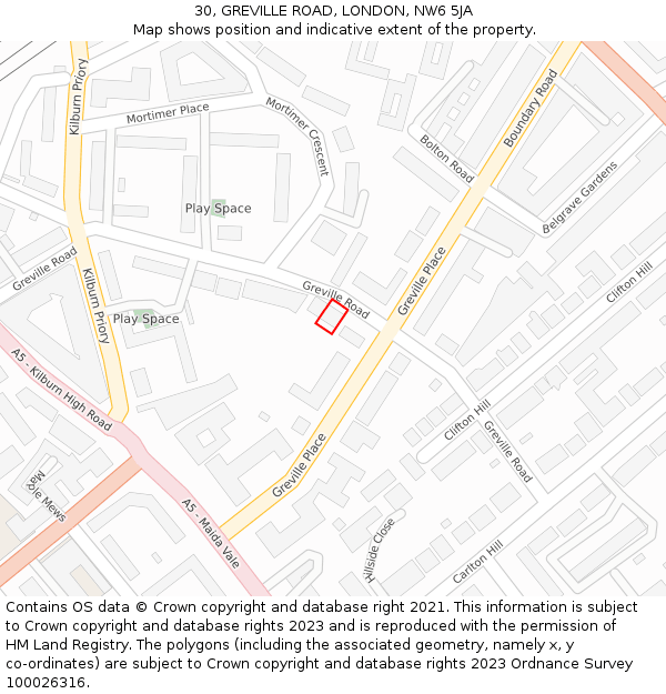 30, GREVILLE ROAD, LONDON, NW6 5JA: Location map and indicative extent of plot