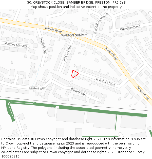 30, GREYSTOCK CLOSE, BAMBER BRIDGE, PRESTON, PR5 6YS: Location map and indicative extent of plot