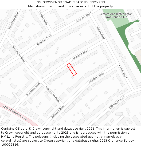 30, GROSVENOR ROAD, SEAFORD, BN25 2BS: Location map and indicative extent of plot