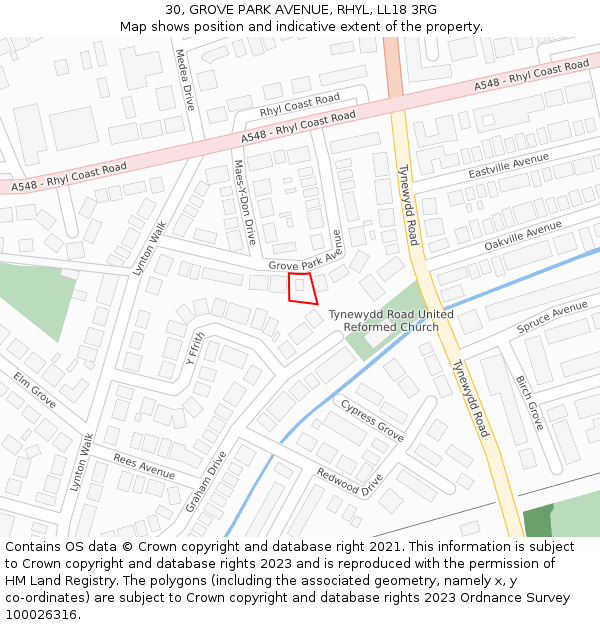 30, GROVE PARK AVENUE, RHYL, LL18 3RG: Location map and indicative extent of plot