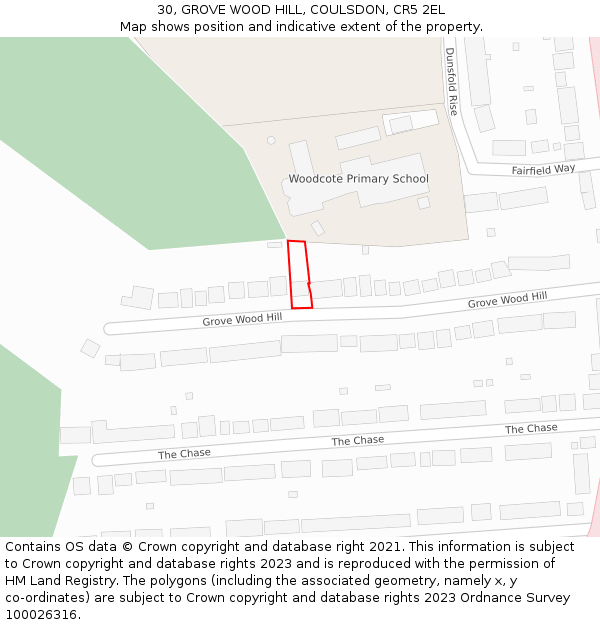 30, GROVE WOOD HILL, COULSDON, CR5 2EL: Location map and indicative extent of plot