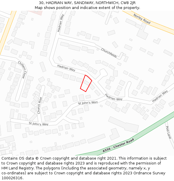 30, HADRIAN WAY, SANDIWAY, NORTHWICH, CW8 2JR: Location map and indicative extent of plot