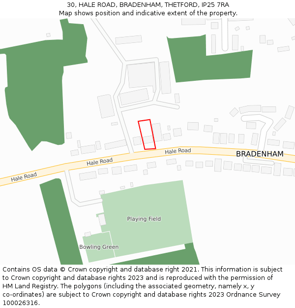 30, HALE ROAD, BRADENHAM, THETFORD, IP25 7RA: Location map and indicative extent of plot