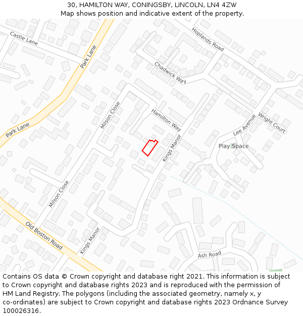 30, HAMILTON WAY, CONINGSBY, LINCOLN, LN4 4ZW: Location map and indicative extent of plot