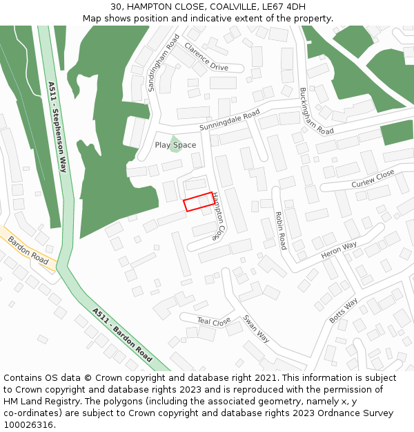 30, HAMPTON CLOSE, COALVILLE, LE67 4DH: Location map and indicative extent of plot