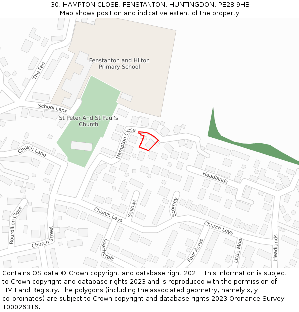 30, HAMPTON CLOSE, FENSTANTON, HUNTINGDON, PE28 9HB: Location map and indicative extent of plot