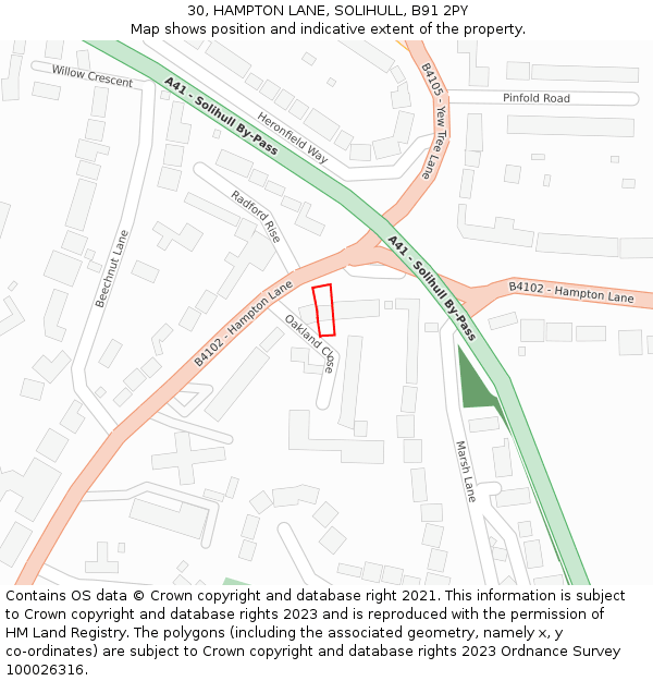 30, HAMPTON LANE, SOLIHULL, B91 2PY: Location map and indicative extent of plot