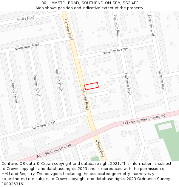 30, HAMSTEL ROAD, SOUTHEND-ON-SEA, SS2 4PF: Location map and indicative extent of plot