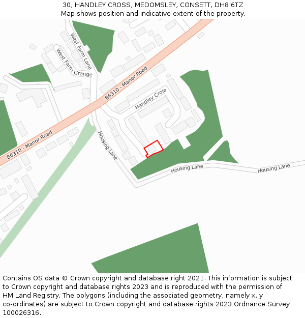 30, HANDLEY CROSS, MEDOMSLEY, CONSETT, DH8 6TZ: Location map and indicative extent of plot