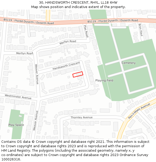 30, HANDSWORTH CRESCENT, RHYL, LL18 4HW: Location map and indicative extent of plot