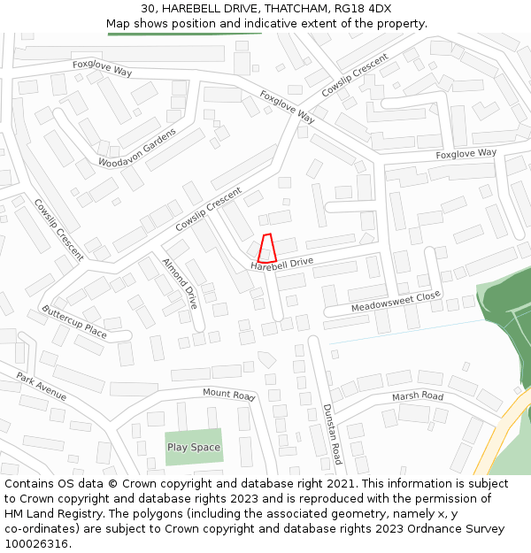 30, HAREBELL DRIVE, THATCHAM, RG18 4DX: Location map and indicative extent of plot