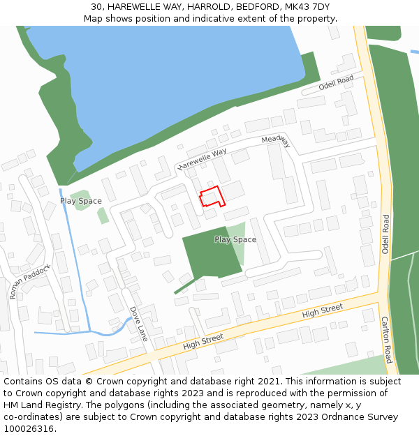 30, HAREWELLE WAY, HARROLD, BEDFORD, MK43 7DY: Location map and indicative extent of plot