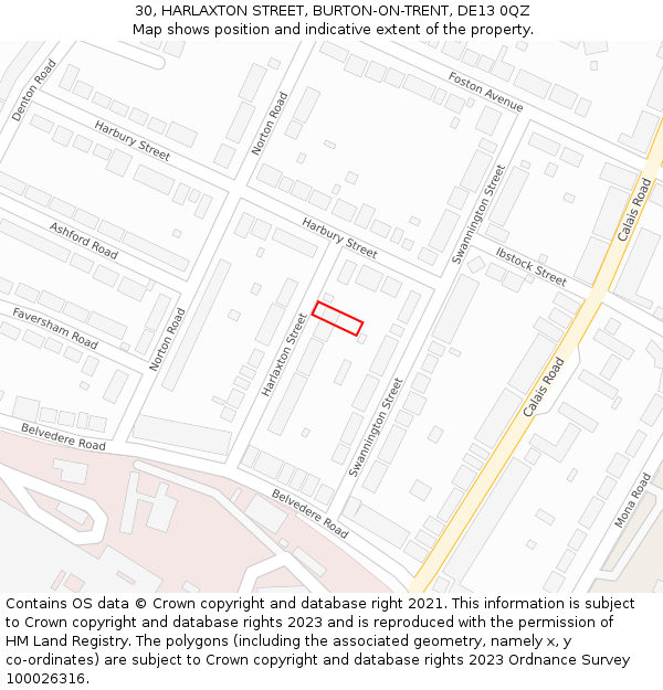 30, HARLAXTON STREET, BURTON-ON-TRENT, DE13 0QZ: Location map and indicative extent of plot