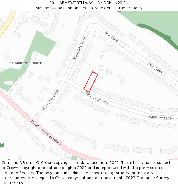 30, HARMSWORTH WAY, LONDON, N20 8JU: Location map and indicative extent of plot