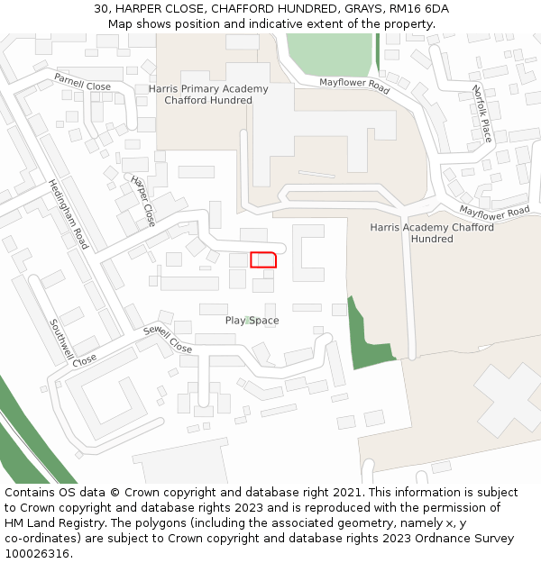 30, HARPER CLOSE, CHAFFORD HUNDRED, GRAYS, RM16 6DA: Location map and indicative extent of plot