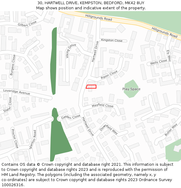 30, HARTWELL DRIVE, KEMPSTON, BEDFORD, MK42 8UY: Location map and indicative extent of plot