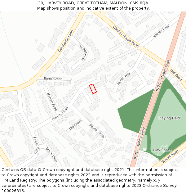 30, HARVEY ROAD, GREAT TOTHAM, MALDON, CM9 8QA: Location map and indicative extent of plot