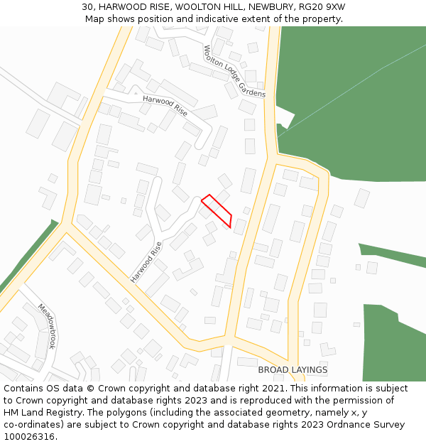 30, HARWOOD RISE, WOOLTON HILL, NEWBURY, RG20 9XW: Location map and indicative extent of plot