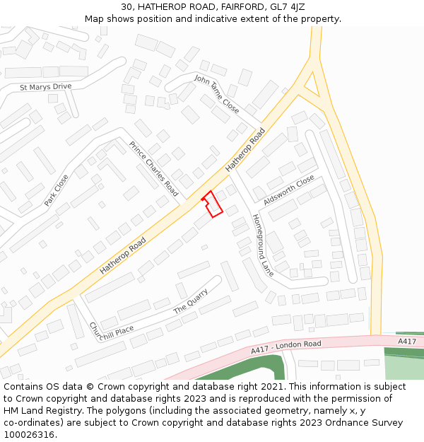 30, HATHEROP ROAD, FAIRFORD, GL7 4JZ: Location map and indicative extent of plot