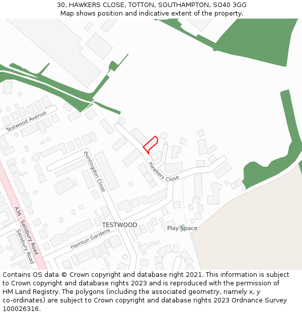 30, HAWKERS CLOSE, TOTTON, SOUTHAMPTON, SO40 3GG: Location map and indicative extent of plot