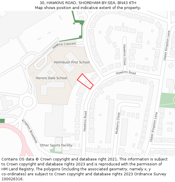 30, HAWKINS ROAD, SHOREHAM-BY-SEA, BN43 6TH: Location map and indicative extent of plot