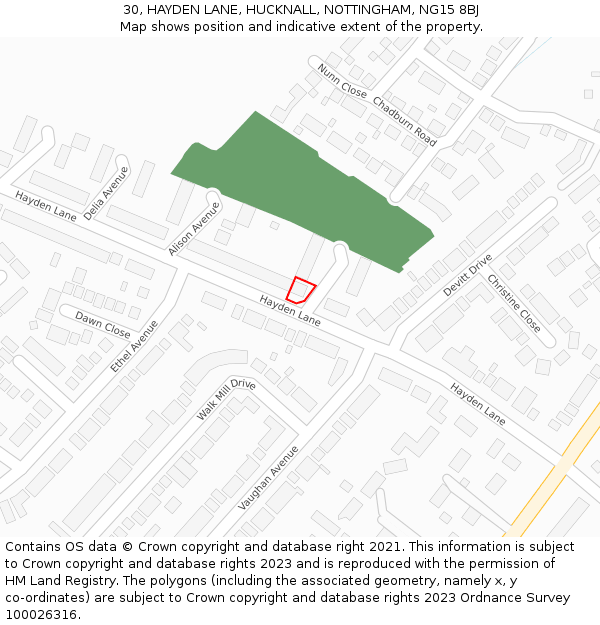 30, HAYDEN LANE, HUCKNALL, NOTTINGHAM, NG15 8BJ: Location map and indicative extent of plot