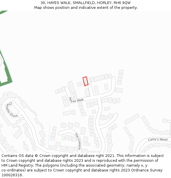 30, HAYES WALK, SMALLFIELD, HORLEY, RH6 9QW: Location map and indicative extent of plot