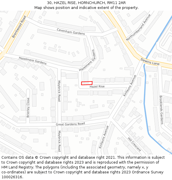 30, HAZEL RISE, HORNCHURCH, RM11 2AR: Location map and indicative extent of plot