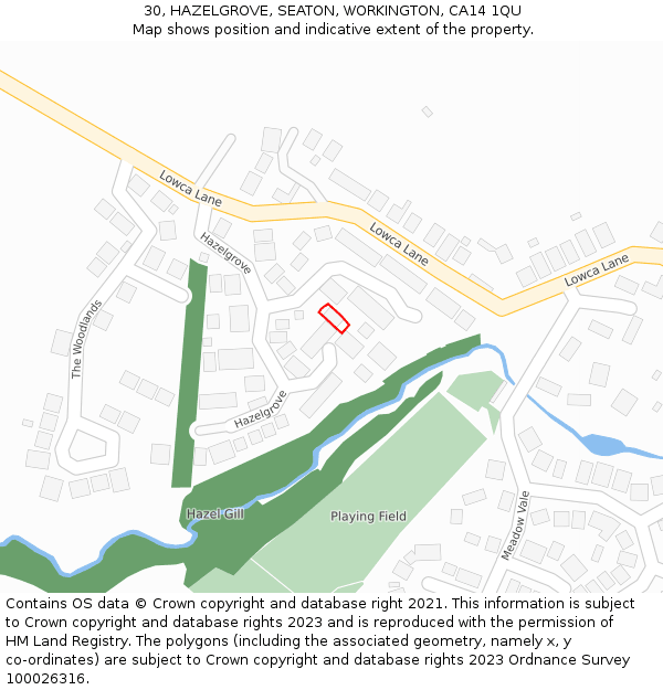 30, HAZELGROVE, SEATON, WORKINGTON, CA14 1QU: Location map and indicative extent of plot