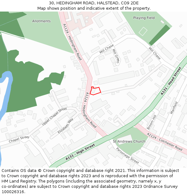 30, HEDINGHAM ROAD, HALSTEAD, CO9 2DE: Location map and indicative extent of plot