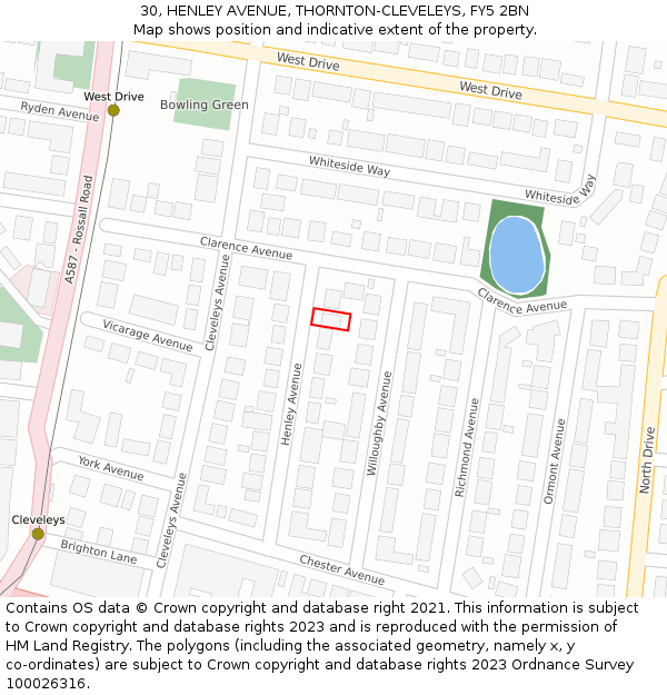 30, HENLEY AVENUE, THORNTON-CLEVELEYS, FY5 2BN: Location map and indicative extent of plot