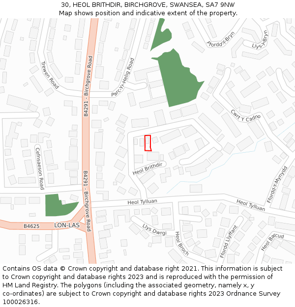 30, HEOL BRITHDIR, BIRCHGROVE, SWANSEA, SA7 9NW: Location map and indicative extent of plot