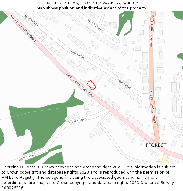 30, HEOL Y PLAS, FFOREST, SWANSEA, SA4 0TY: Location map and indicative extent of plot