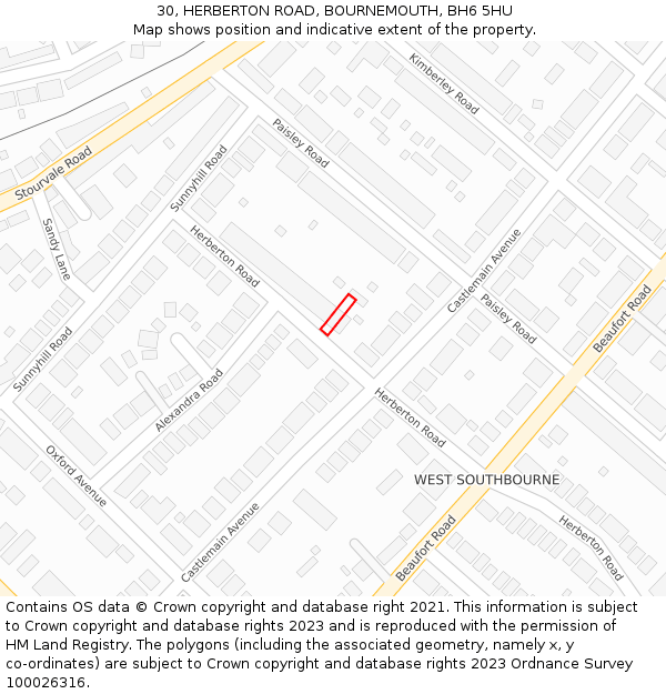 30, HERBERTON ROAD, BOURNEMOUTH, BH6 5HU: Location map and indicative extent of plot