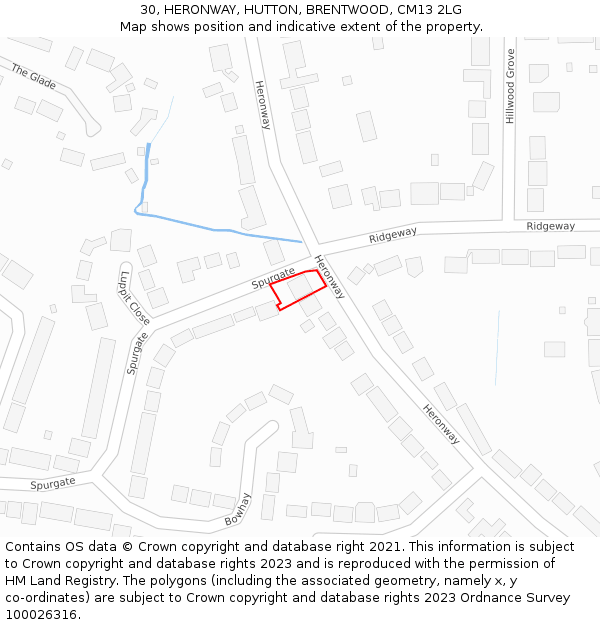 30, HERONWAY, HUTTON, BRENTWOOD, CM13 2LG: Location map and indicative extent of plot